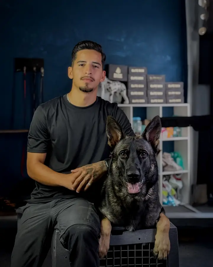 Gustavo Sena com cão pastor em treinamento